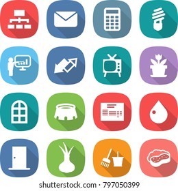 flat vector icon set - hierarchy vector, mail, calculator, bulb, presentation, up down arrow, tv, flower, arch window, stadium, invoice, drop, door, onion, bucket and broom, sponge with foam
