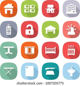 flat vector icon set - home vector, panel house, japanese, office, remote control, unlocked, garage, alarm, table, wardrobe, crib, radiator, iron board, cutting, water tap sink
