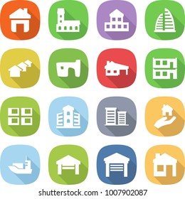 flat vector icon set - home vector, mansion, cottage, skyscraper, houses, slum, house with garage, modular, panel, building, district, real estate, sea shipping