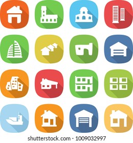 flat vector icon set - home vector, mansion, skyscrapers, skyscraper, houses, slum, garage, modern architecture, house with, modular, panel, sea shipping