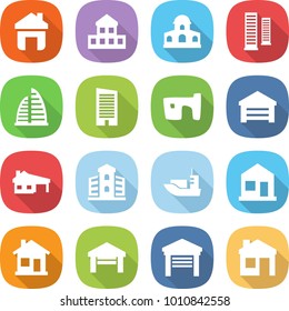 flat vector icon set - home vector, cottage, mansion, skyscrapers, skyscraper, slum, garage, house with, building, sea shipping