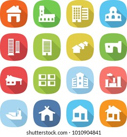 flat vector icon set - home vector, mansion, houses, skyscrapers, skyscraper, slum, house with garage, panel, building, city, sea shipping, bungalow