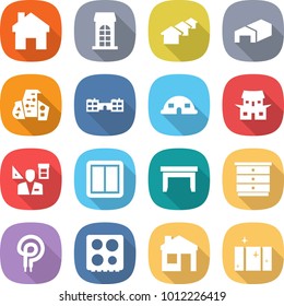 Flat Vector Icon Set - Home Vector, Building, Houses, Warehouse, Modern Architecture, School, Dome House, Japanese, Architector, Power Switch, Table, Chest Of Drawers, Elecric Oven, Hob