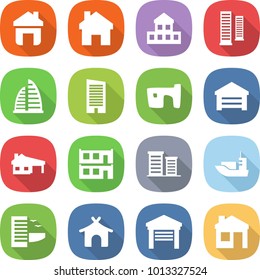 flat vector icon set - home vector, cottage, skyscrapers, skyscraper, slum, garage, house with, modular, district, sea shipping, hotel, bungalow