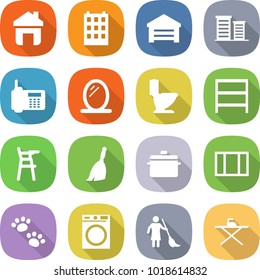 flat vector icon set - home vector, building, garage, district, phone, mirror, toilet, rack, Chair for babies, broom, pan, window, pets, washing machine, brooming, iron board