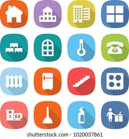flat vector icon set - home vector, cottage, houses, window, block wall, arch, thermometer, phone, radiator, fridge, stairs, hob, food processor, plunger, toilet cleanser, kitchen cleaning
