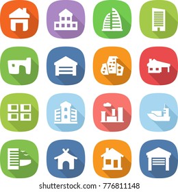 flat vector icon set - home vector, cottage, skyscraper, slum, garage, modern architecture, house with, panel, building, city, sea shipping, hotel, bungalow
