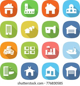 flat vector icon set - home vector, mansion, skyscraper, houses, slum, garage, modern architecture, panel house, city, sea shipping, hotel, bungalow