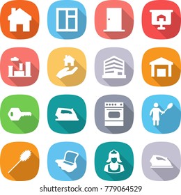 flat vector icon set - home vector, window, door, presentation, city, real estate, office, warehouse, key, iron, oven, woman with duster, floor washing, cleaner