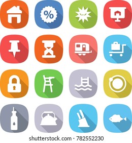 flat vector icon set - home vector, percent, virus, presentation, pin, sand clock, trailer, baggage trolley, locked, Chair for babies, pool, orbit, vegetable oil, kettle, knife holder, fish