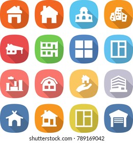 flat vector icon set - home vector, mansion, modern architecture, house with garage, modular, window, city, real estate, office, bungalow