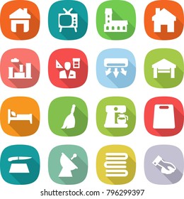 flat vector icon set - home vector, tv, mansion, city, architector, air conditioning, garage, bed, broom, coffee maker, cutting board, satellite antenna, towels, wiping