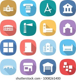 flat vector icon set - hospital vector, column, draw compass, library, airport building, lighthouse, church, minaret, window, door, gothic architecture, bridge, shop, garage, blocks