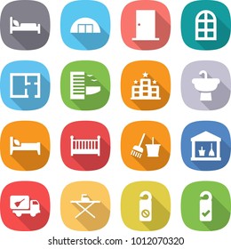 flat vector icon set - hospital bed vector, hangare, door, arch window, plan, hotel, sink, crib, bucket and broom, utility room, home call cleaning, iron board, do not distrub, please clean