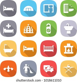 flat vector icon set - hospital bed vector, hangare, plan, hotel, do not distrub, sink, bath, crib, fireplace, hard reach place cleaning, brooming, home call, iron board