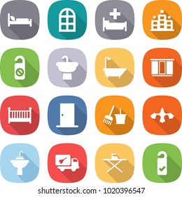 flat vector icon set - hospital bed vector, arch window, hotel, do not distrub, sink, bath, wardrobe, crib, door, bucket and broom, hard reach place cleaning, water tap, home call, iron board