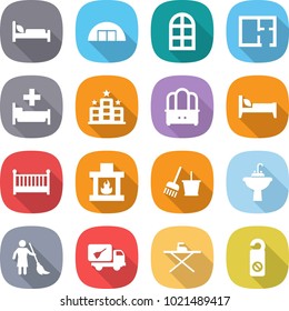 flat vector icon set - hospital bed vector, hangare, arch window, plan, hotel, dresser, crib, fireplace, bucket and broom, water tap sink, brooming, home call cleaning, iron board, do not distrub