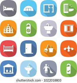 flat vector icon set - hospital bed vector, hangare, plan, hotel, do not distrub, sink, wardrobe, crib, door, bucket and broom, hard reach place cleaning, utility room, water tap, brooming