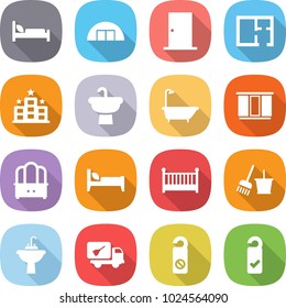 flat vector icon set - hospital bed vector, hangare, door, plan, hotel, sink, bath, wardrobe, dresser, crib, bucket and broom, water tap, home call cleaning, do not distrub, please clean