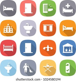 flat vector icon set - hospital bed vector, door, hotel, sink, wardrobe, crib, hard reach place cleaning, utility room, water tap, brooming, iron board, please clean