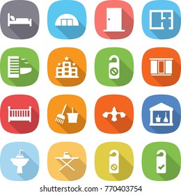 flat vector icon set - hospital bed vector, hangare, door, plan, hotel, do not distrub, wardrobe, crib, bucket and broom, hard reach place cleaning, utility room, water tap sink, iron board