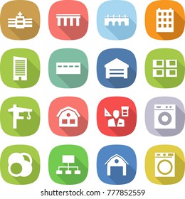 flat vector icon set - hospital vector, bridge, building, skyscraper, bunker, garage, panel house, tower crane, architector, washing machine, atom core, hierarchy, barn