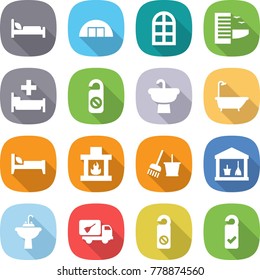 flat vector icon set - hospital bed vector, hangar, arch window, hotel, do not disturb, sink, bath, fireplace, bucket and broom, utility room, water tap, home call cleaning, please clean
