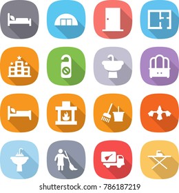 flat vector icon set - hospital bed vector, hangare, door, plan, hotel, do not distrub, sink, dresser, fireplace, bucket and broom, hard reach place cleaning, water tap, brooming, home call