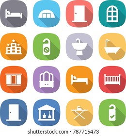 flat vector icon set - hospital bed vector, hangare, door, arch window, hotel, do not distrub, sink, bath, wardrobe, dresser, crib, utility room, iron board, please clean