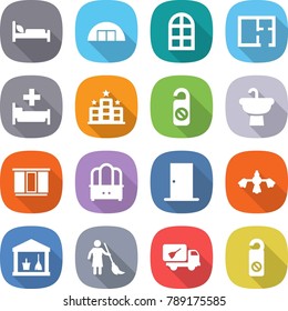 flat vector icon set - hospital bed vector, hangare, arch window, plan, hotel, do not distrub, sink, wardrobe, dresser, door, hard reach place cleaning, utility room, brooming, home call