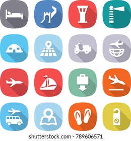 flat vector icon set - hospital bed vector, greate wall, airport tower, lighthouse, dome house, map, scooter shipping, plane, sail boat, baggage get, arrival, transfer, flip flops, do not distrub