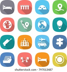 flat vector icon set - hospital bed vector, bridge, dome house, geo pin, globe, route, earth, air ballon, suitcase, hotel, transfer, signpost, cruise ship, palm hammock, orbit