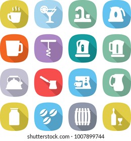 flat vector icon set - hot drink vector, cocktail, water tap, kettle, cup, corkscrew, turk, coffee maker, jug, bank, seeds, barrel, wine