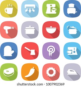 flat vector icon set - hot drink vector, air conditioning, coffee maker, toaster, hair dryer, pan, cauldron, steam, cook glove, turk, elecric oven, steake, pepper, sun, iron