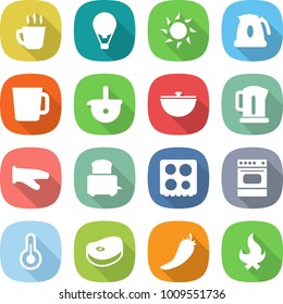 flat vector icon set - hot drink vector, air ballon, sun, kettle, cup, ladle, cauldron, cook glove, toaster, hob, oven, thermometer, steake, pepper, fire