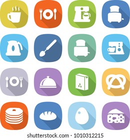 flat vector icon set - hot drink vector, cafe, coffee maker, toaster, kettle, big spoon, fork plate, meal cap, cereals, pretzel, pancakes, bread, egg, cheese