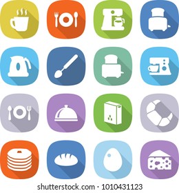 flat vector icon set - hot drink vector, cafe, coffee maker, toaster, kettle, big spoon, fork plate, meal cap, cereals, croissant, pancakes, bread, egg, cheese