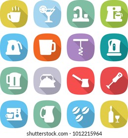 flat vector icon set - hot drink vector, cocktail, water tap, coffee maker, kettle, cup, corkscrew, turk, blender, jug, seeds, wine