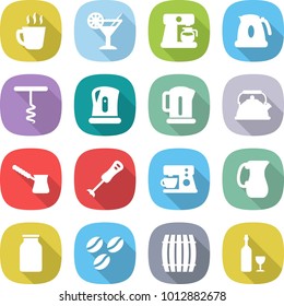 flat vector icon set - hot drink vector, cocktail, coffee maker, kettle, corkscrew, turk, blender, jug, bank, seeds, barrel, wine