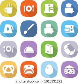 flat vector icon set - hot drink vector, cafe, coffee maker, toaster, kettle, big spoon, fork plate, meal cap, cereals, croissant, pretzel, pancakes, egg, cheese
