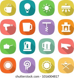 flat vector icon set - hot drink vector, air ballon, sun, conditioning, hair dryer, cup, corkscrew, fireplace, saute pan, kettle, cook glove, gas oven, elecric, induction, iron board