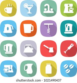 flat vector icon set - hot drink vector, cocktail, water tap, coffee maker, kettle, cup, corkscrew, turk, blender, jug, bank, seeds