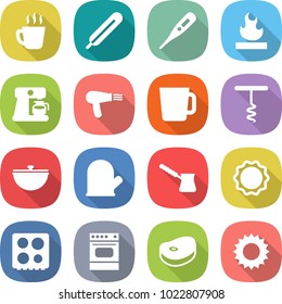 flat vector icon set - hot drink vector, medical thermometer, flammable, coffee maker, hair dryer, cup, corkscrew, cauldron, cook glove, turk, induction oven, hob, steake, sun