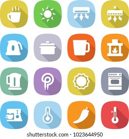 flat vector icon set - hot drink vector, sun, air conditioning, kettle, pan, cup, fireplace, elecric oven, induction, coffee maker, thermometer, pepper