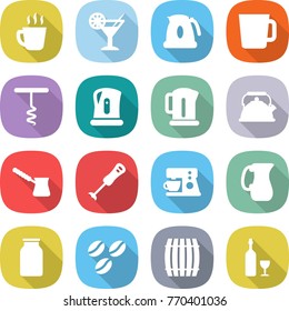 flat vector icon set - hot drink vector, cocktail, kettle, cup, corkscrew, turk, blender, coffee maker, jug, bank, seeds, barrel, wine