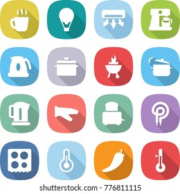 flat vector icon set - hot drink vector, air ballon, conditioning, coffee maker, kettle, pan, bbq, steam, cook glove, toaster, elecric oven, hob, thermometer, pepper