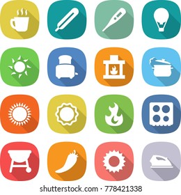 flat vector icon set - hot drink vector, medical thermometer, air ballon, sun, toaster, fireplace, steam pan, gas oven, induction, fire, hob, bbq, pepper, iron