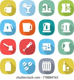 flat vector icon set - hot drink vector, cocktail, water tap, coffee maker, kettle, cup, turk, blender, jug, bank, seeds, barrel, wine