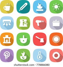 flat vector icon set - hot drink vector, medical thermometer, flammable, sun, air conditioning, coffee maker, hair dryer, pan, fireplace, ladle, turk, gas oven, elecric, fire
