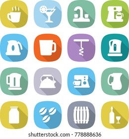 flat vector icon set - hot drink vector, cocktail, water tap, coffee maker, kettle, cup, corkscrew, jug, bank, seeds, barrel, wine